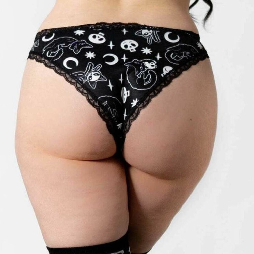 KillStar Purr-Off Black Thong Panties with White Celestial Cat Print - Picture 2 of 6